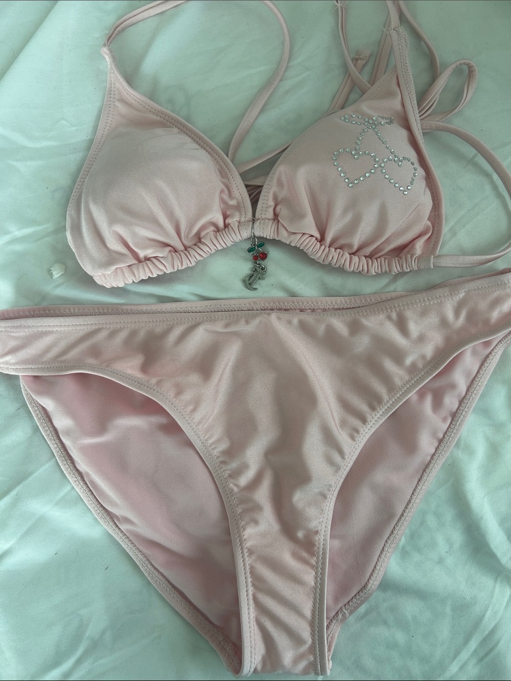 Juicy Couture Light Pink Triangle Bikini Set with Rhinestone Heart